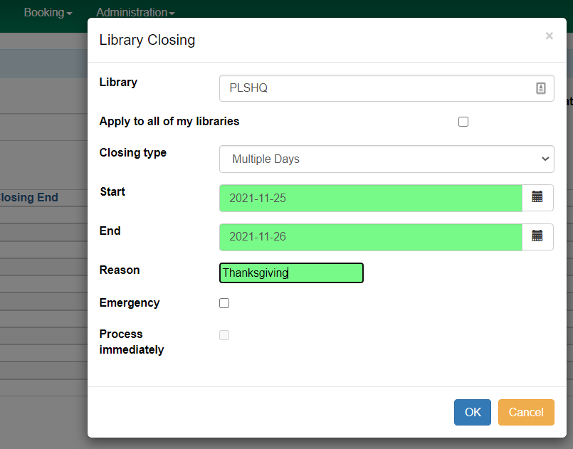 Screenshot of adding a multiple day closure