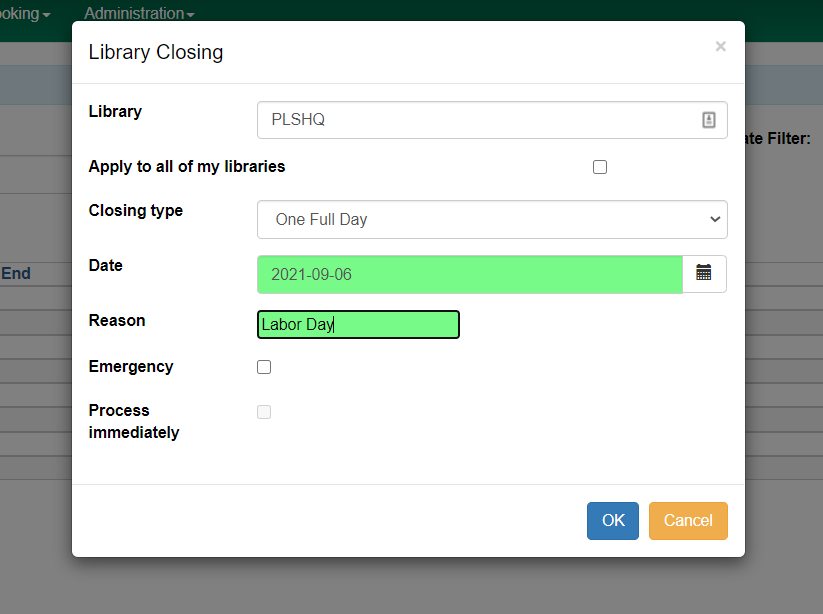 Screenshot of adding a single closed date