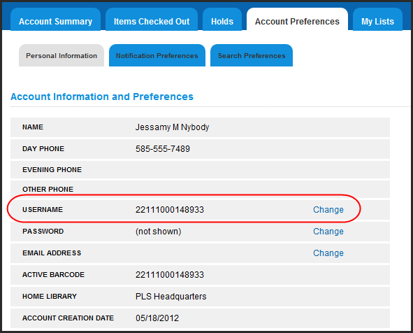 Opac MyAccount AccountPreferences PersonalInformation Username.png