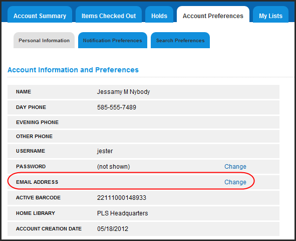 Opac MyAccount AccountPreferences PersonalInformation Email.png